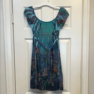 Fleurish Teal belted Floral Chiffon Overlay Dress S/M